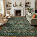 8x10 Area Rugs for Living Room Bedroom, Large Washable Rug, Green Vintage Floral Boho Rug, Non Slip & Low Pile Faux Wool Thin Carpet for Indoor Dining Room and Kids Room(Green 8x10ft)