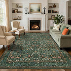 8x10 Area Rugs for Living Room Bedroom, Large Washable Rug, Green Vintage Floral Boho Rug, Non Slip & Low Pile Faux Wool Thin Carpet for Indoor Dining Room and Kids Room(Green 8x10ft)