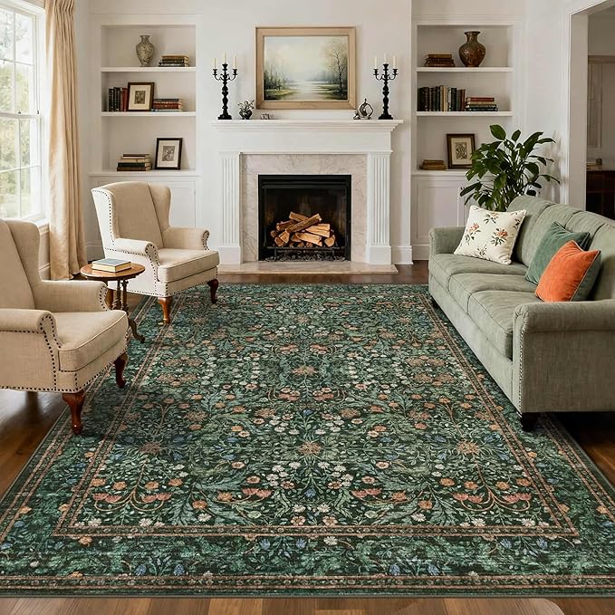 8x10 Area Rugs for Living Room Bedroom, Large Washable Rug, Green Vintage Floral Boho Rug, Non Slip & Low Pile Faux Wool Thin Carpet for Indoor Dining Room and Kids Room(Green 8x10ft)