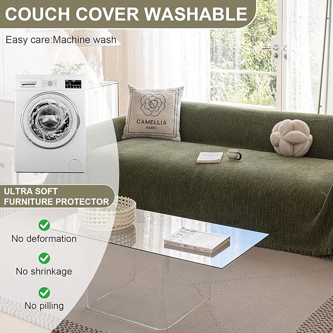 ROOMLIFE Green Sofa Cover, Vintage Boho Couch Cover for 3 Cushion Sofa, Non Slip Soft Chenille Sofa Slipcovers for Dog, Washable Furniture Sofa Protector Cover with Tassel for Living Room, 71''X150”