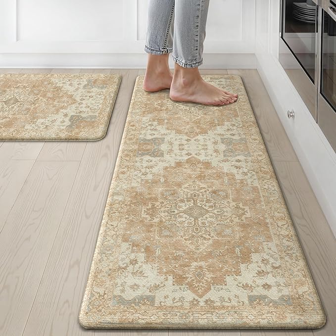 GENIMO Kitchen Mats for Floor 2PCs, Washable Anti Fatigue Mat for Cushioned, 17.3"x47"+17.3"x30", Waterproof Kitchen Rugs, Non Slip Comfort Standing Mat Rug for Home, Sink, Laundry, Orange