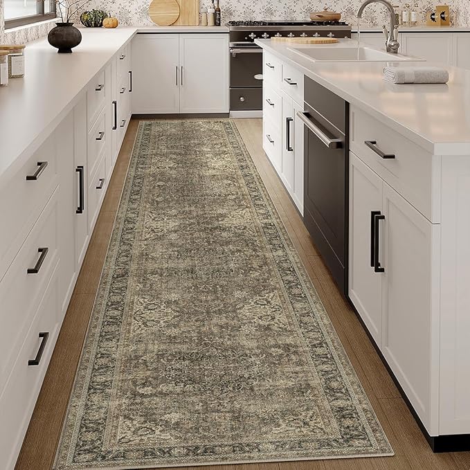 2x10 Washable Brown Runner Rug Vintage Hallway Kitchen Carpet Non-Slip Soft Low Pile Distressed Throw Rug for Bedroom Bathroom Laundry Living Room