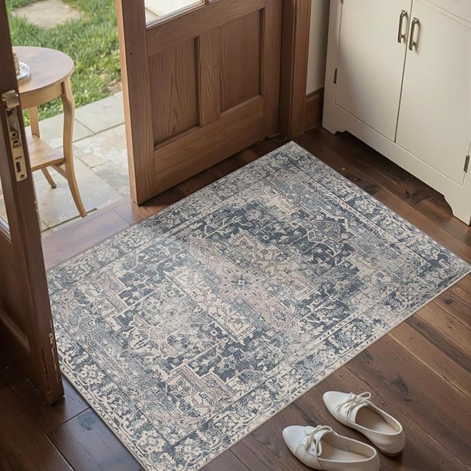 Entryway Rug Door Mat, Washable Samll 2x3 Rug, Blue Boho Front Door Mat, Non Slip Area Rugs, Low Pile Throw Accent Entry Carpet for Indoor Entrance, Bathroom and Kitchen(Blue 2x3ft)