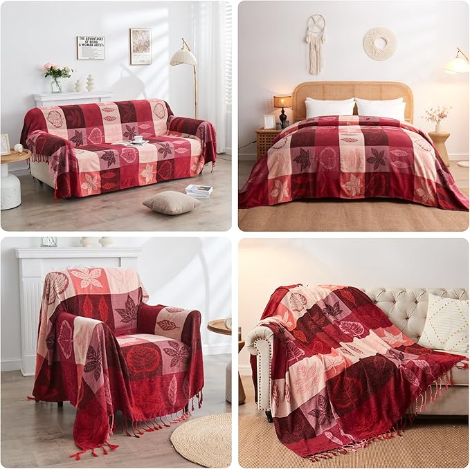 Bohemian Chenille Jacquard Tassel Throws - Reversible Red&Pink Maple Leaf Design for Boho Hippie Vibes - Oversized Blankets for Large Couch, Furniture, Sofa, Chair