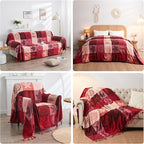 Bohemian Chenille Jacquard Tassel Throws - Reversible Red&Pink Maple Leaf Design for Boho Hippie Vibes - Oversized Blankets for Large Couch, Furniture, Sofa, Chair…