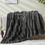 NEWCOSPLAY Super Soft Throw Blanket Grey Premium Silky Flannel Fleece 3D Ribbed Jacquard Lightweight Bed Blanket All Season Use (Grey Ribbed, Throw(50"x60"))