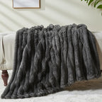 NEWCOSPLAY Super Soft Twin Blanket Grey Premium Silky Flannel Fleece 3D Ribbed Jacquard Lightweight Bed Blanket All Season Use (Grey Ribbed, Twin(60"x80"))