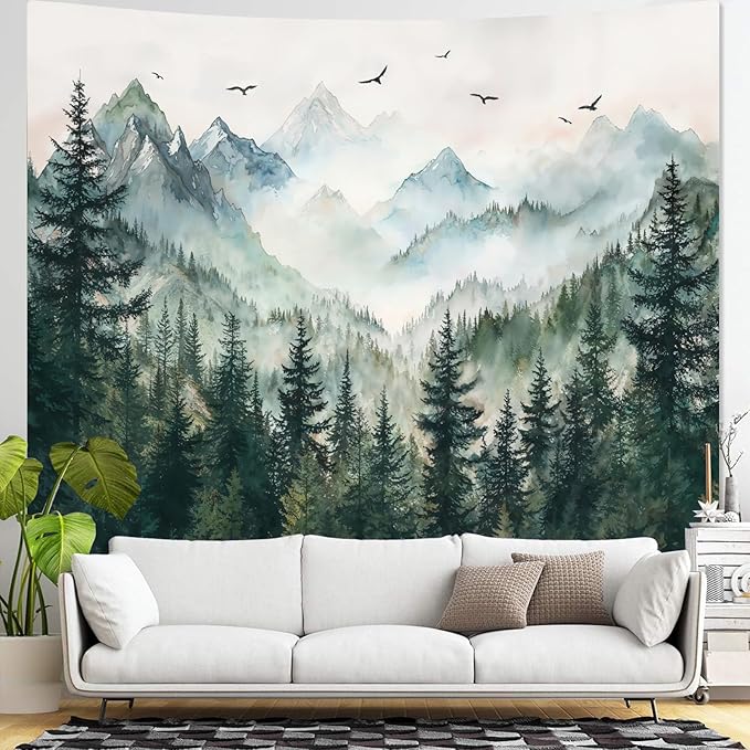 Zussun Misty Forest Mountain Tapestry Sage Green Nature Pine Tree Tapestry for Bedroom Aesthetic Watercolor Foggy Woodlands Birds Landscape Tapestries Wall Hanging for Living Room Dorm 48 x 36 Inch