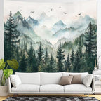 Zussun Misty Forest Mountain Tapestry Sage Green Nature Pine Tree Tapestry for Bedroom Aesthetic Watercolor Foggy Woodlands Birds Landscape Tapestries Wall Hanging for Living Room Dorm 48 x 36 Inch