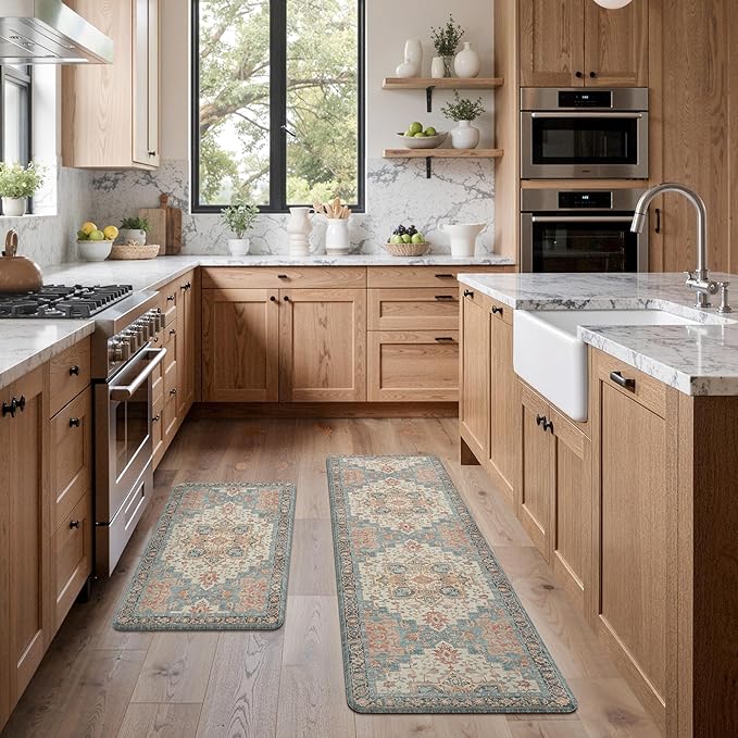GENIMO Kitchen Mats for Floor 2PCs, Washable Anti Fatigue Mat for Cushioned, 17.3"x59"+17.3"x30", Waterproof Kitchen Rugs, Non Slip Comfort Standing Mat Rug for Home, Sink, Laundry, Blue&Salmon