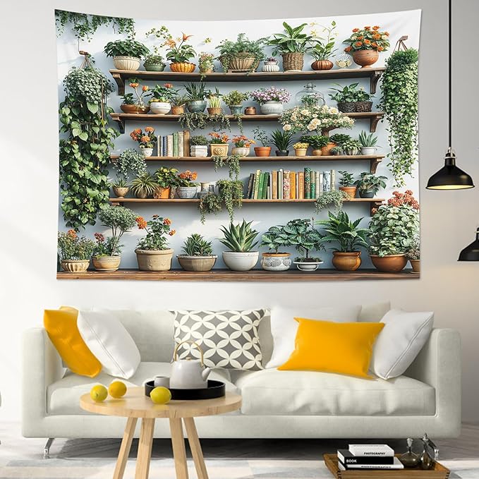 EOBTAIN Green Plant Tapestry Cactus and Floral Potting on Bookshelf Tapestries Hanging Botanical and Reading Tapestry Wall Hanging Decor for Bedroom Living Room 80x60 Inch