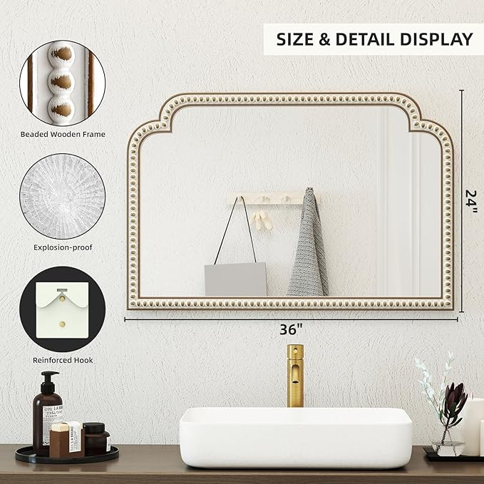 36x24 Inch Farmhouse Beaded Arched Wooden Wall Mirror, Boho Decorative Mirrors for Living Room, Bedroom, Entryway, Fireplace