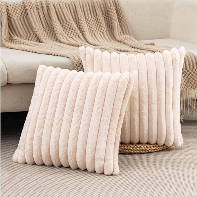 ZLINA Set of 2 Beige Faux Fur Decorative Throw Pillow Covers Fluffy Striped Pillowcase Cushion Covers 20 x 20 Inch Decor Sofa Couch Bedroom