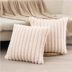 ZLINA Set of 2 Beige Faux Fur Decorative Throw Pillow Covers Fluffy Striped Pillowcase Cushion Covers 22 x22 Inch Decor Sofa Couch Bedroom