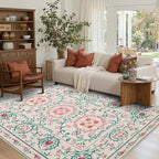 Pink Rug for Living Room Bedroom, Floral 5x7 Washable Rugs, Vintage Boho Style, Large Non Slip Flower Carpet for Indoor Dining Room, Girls Room and Nursery(Pink/Green 5x7ft)