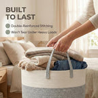 115L Extra Large Blanket Basket for Living Room - Woven Cotton Rope Laundry Hamper with Reinforced Handles - Storage Bin for Pillows, Comforters & Toys - Machine Washable,White&Grey