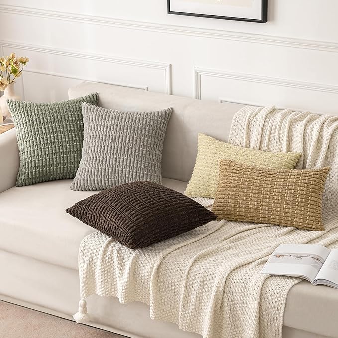MIULEE Pack of 2 Corduroy Decorative Euro Sham Throw Pillow Covers 24x24 Inch Soft Boho Striped Pillow Covers Modern Farmhouse Home Decor for Summer Sofa Living Room Couch Bed Light Olive Green
