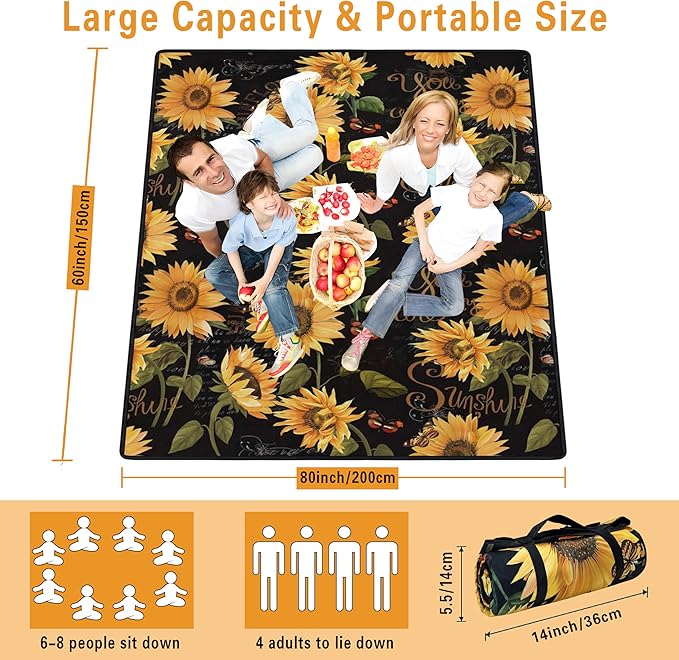 Extra Large Picnic Blankets Waterproof Foldable (60 "x 80") Beach Blanket Waterproof Sandproof,3-Layer Thicking Mat Outdoor Packable Camping Blanket
