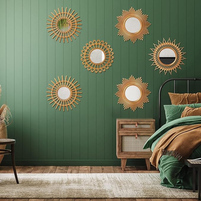 Namalu 6 Pcs Sunburst Mirror for Wall Decor, Small Circle Sun Decorative Mirror Hanging for Art Entryway Home Decor Bathroom Bedroom Living Room(Classic,Gold)