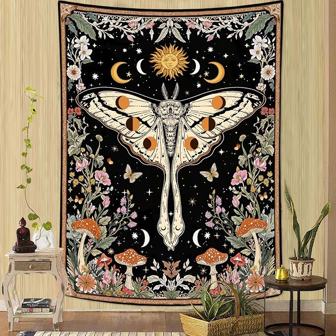 Aipon Boho Moth Tapestry Vintage Floral Flowers Tapestries Aesthetic Retro Mushroom Tapestries for Bedroom Sun and Moon Indie Small Tapestry Wall Hanging for Living Room Dorm 40 x 30 Inch