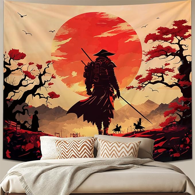 Atrippy Japanese Anime Samurai Tapestry, Cool Black Desert Red Sun Wall Hanging for Bedroom Aesthetic, Asian Japanese Sunset Wall Art Tapestries Poster Home Decor for Living Room Dorm 51x60 Inches