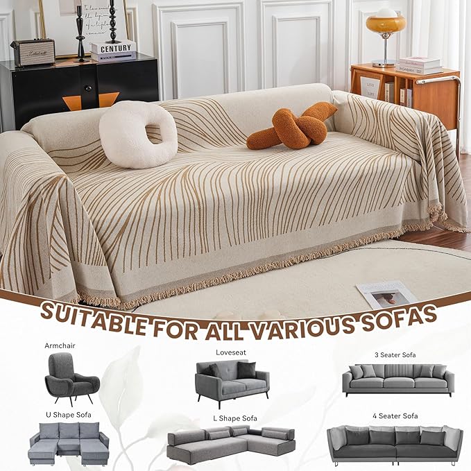 VClife Large Sofa Cover Chenille Couch Cover for 2 Cushion Couch Sofa, Modern Beige Khaki Striped Couch Covers for Kids Washable Sectional Sofa Protector with Tassel 71"X118"