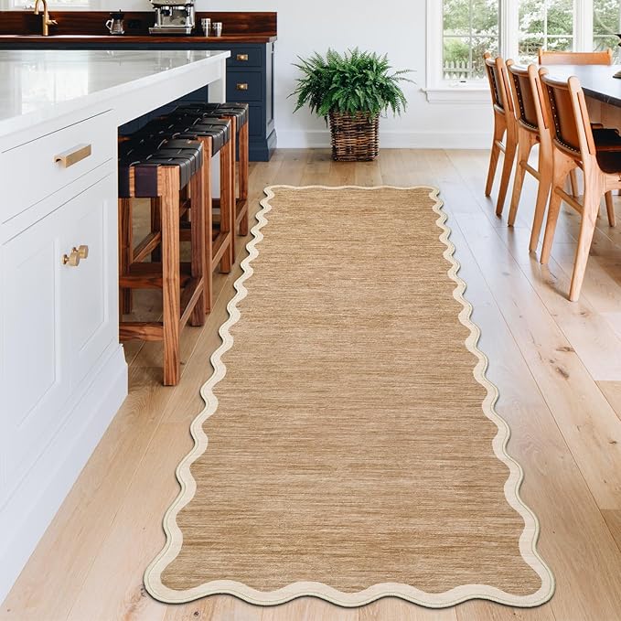 GarveeHome Scalloped Washable Runner Rug 2x6 Runner Non Slip Kitchen Rugs Modern Entryway Rug Farmhouse Soft Bathroom Rugs Stain Resistant Carpet for Hallway Laundry Bedroom 2 ft x6 ft Light Brown