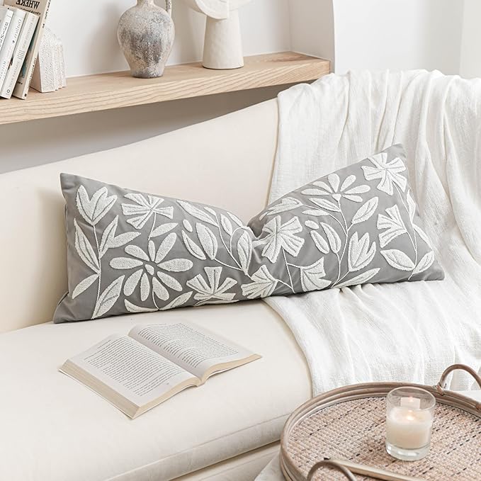 BlissBlush 14x36 Lumbar Pillow Cover for Bed, Light Gray Rectangular Long Throw Pillowcase, Embroidered Velvet Floral Tufted Farmhouse Accent Cushion (Cover Only)
