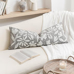 BlissBlush 14x36 Lumbar Pillow Cover for Bed, Light Gray Rectangular Long Throw Pillowcase, Embroidered Velvet Floral Tufted Farmhouse Accent Cushion (Cover Only)