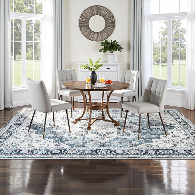 Lessymo 9×12 Area Rugs Washable for Living Room, Large Soft Indoor Rug Non-Slip for Bedroom Kitchen Dining Room Dorm Nursery, Vintage Boho Carpet Stain Resistant for Office Home Decor, Blue/White