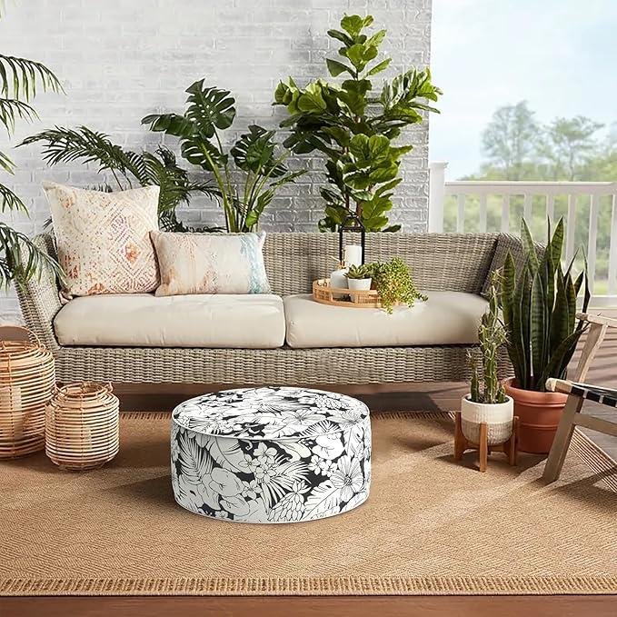 Indoor/Outdoor Inflatable Ottoman with Handle, Decorative Fade-Resistant Round Footstool D21 x H9 inch, Portable Ottoman Pouf for Patio Garden Camping, Tropical Blossom Noir