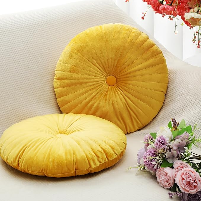 Namalu 2 Pcs Yellow Round Throw Pillow 13.8 Inch Decorative Round Velvet Floor Pillows Pumpkin Throw Pillows with Center Button Floor Cushion for Valentines Day Home Living Room Sofa Couch Bed Chair