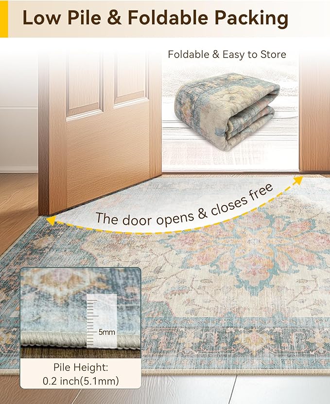 Area Rugs Round 8ft Washable Non-Slip, Floral Vintage Distress Print Pattern Medallion Carpet for Living Room Bedroom Dining Room, Blue Orange Red