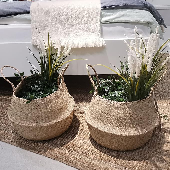 Casaphoria Woven Seagrass Belly Basket for Storage Plant Pot Indoor,Decorative Sturdy and Durable Natural Material Sea Grass Baskets with Handles,Seaweed Round Basket for Organizing(Large)
