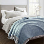 Ultra Soft Fleece Sherpa Blanket King Size,Lightweight Cozy Boho Bed Blanket with Decorative Tassel, Pattern Reversible, 2 Tones Ombre Blue,104”x90”