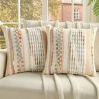 FUTEI Grey Blue Coral Accent Throw Pillow Covers Set of 2, 18x18 Inch Plush Tufted Striped Textured Decorative Cushion Cases for Farmhouse Boho Couch Decor