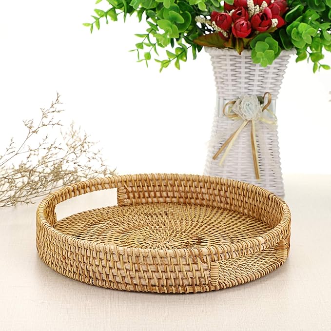 Hipiwe 10" Round Rattan Serving Tray with Handles, Hand-Woven Decorative Organizer Tray for Storage Breakfast Drinks Snack, Centerpiece Fruit Basket for Home Decoration, Small