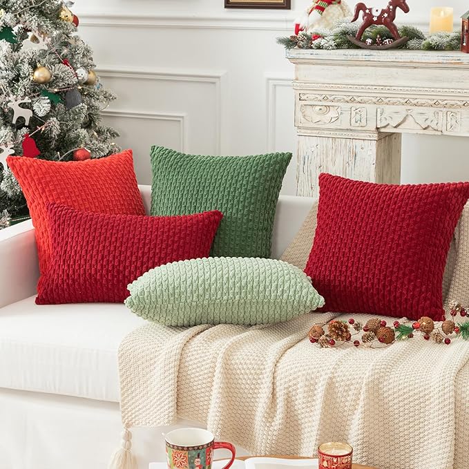 Kevin Textile Valentines 12x24 Inch Pillow Cover 1 Pack Boho Decorative Soft Striped Corduroy Lumbar Farmhouse Color Accent Rectangle Cushion Case for Living Room Couch Sofa Bed, Red