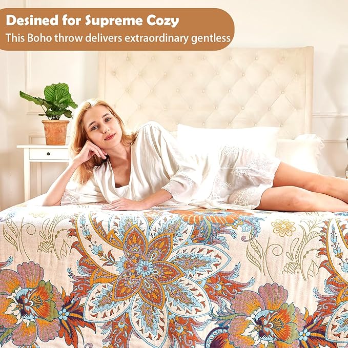 Boho Throw Blanket, 100% Organic Cotton Breathable Skin-Friendly Ultra Soft Bed Quilt Throw - All Season Floral Bird Farmhouse Décor Luxury Blanket for Sofa Couch Chair and Gift. 60" x 80"