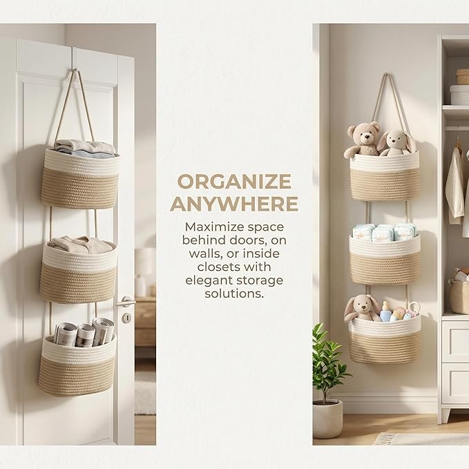 3-Tier Cotton Rope Wall Hanging Storage Baskets, Woven Over The Door Hanging Organizer for Bathroom Bedroom Living Room Nursery, Boho Hanging Shelves for Towels Toys Cosmetics (Beige & White)