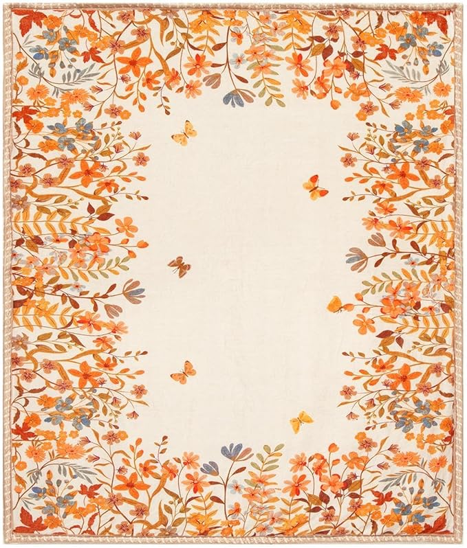 Lahome Floral Fleece Blanket for Women Girls Dorm Boho Decor, Small Throw Blanket for Couch Bed Chair Cover, Decorative Fleece Blanket Throws Mom Gift Spring Home Decor,Orange Wild Flower 50x60