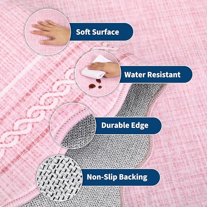 GarveeHome Washable Area Rugs 6x9 Rug for Living Room Scalloped Pink Nursery Rug Non Slip Soft Bedroom Rugs Low Pile Large Area Rug Stain Resistant Carpet for Grils Room Playroom Dining Room, Pink