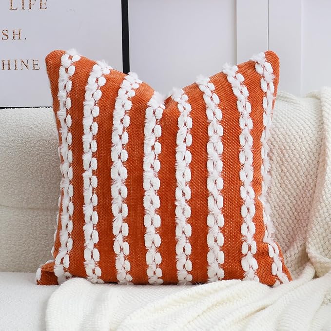 18x18 Boho Pillow Cover-Chenille Tufted Decorative Throw Pillow Cover Soft Velvet Backing, Farmhouse Striped Square Pillow Case for Sofa, Couch, Bedroom, Living Room, Orange-White Stripe