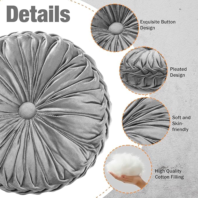 2 Pcs Round Throw Pillows 15 Inch Decorative Velvet Pleated Pumpkin Pillows Boho Floor Pillow with Center Button for Living Room Couch Chair Bed Sofa Home Decoration (Gray)