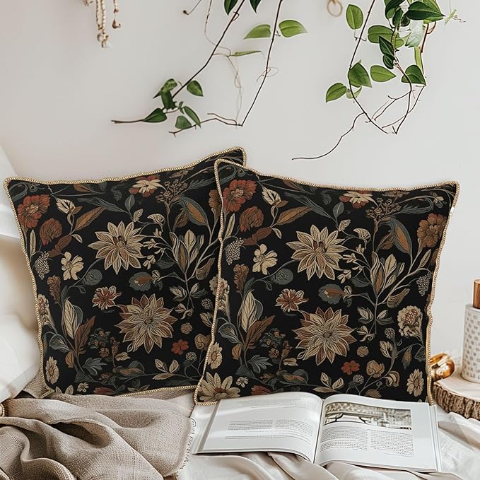 KSLIDS Vintage Floral Brown Black Soft Velvet Throw Pillow Covers Set of 2 Retro Boho Flower Leaves Decorative Pillow Covers 16x16 Inch Bohemian Pillow Case for Sofa Couch Farmhouse Home Decor