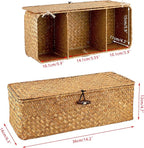 Sumnacon Small Woven Basket for Shelf, Wicker Shelves Storage Baskets with Sections Seagrass Storage Bin with Lid for Tampon Toiletry Rectangular Storage Basket for Bathroom Table Desk Caramel
