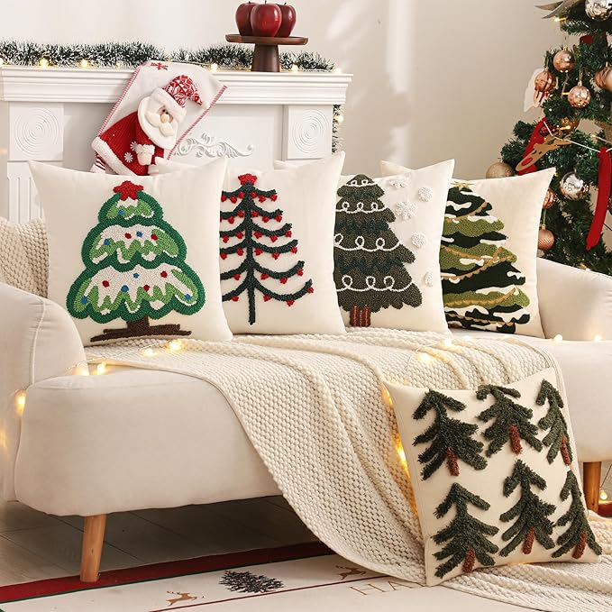 Tosleo Christmas Tufted Pillow Covers 18 x 18 inch Set of 2 Green Xmas Tree with Red Berry Throw Pillow Cover Party Decor Winter Holiday Embroidery Cushion Case for Sofa Couch Bed Living Room