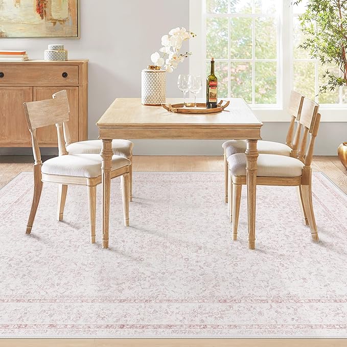 5x7 Area Rugs for Living Room: Washable Vintage Floral Rug Low Pile Non-Slip Boho Carpet for Nursery Bedroom Dining Room (Pink, 5'x7')
