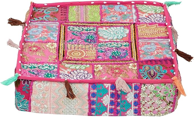 Mam Treasures Indian Bohemian Decorative Pillow Vintage Cushion Cover Patchwork Square Floor Pillow Cover Meditation Cushion Large Floor Pillow Indian Cushion (Pink, 22 X 22 X 5 Inch)