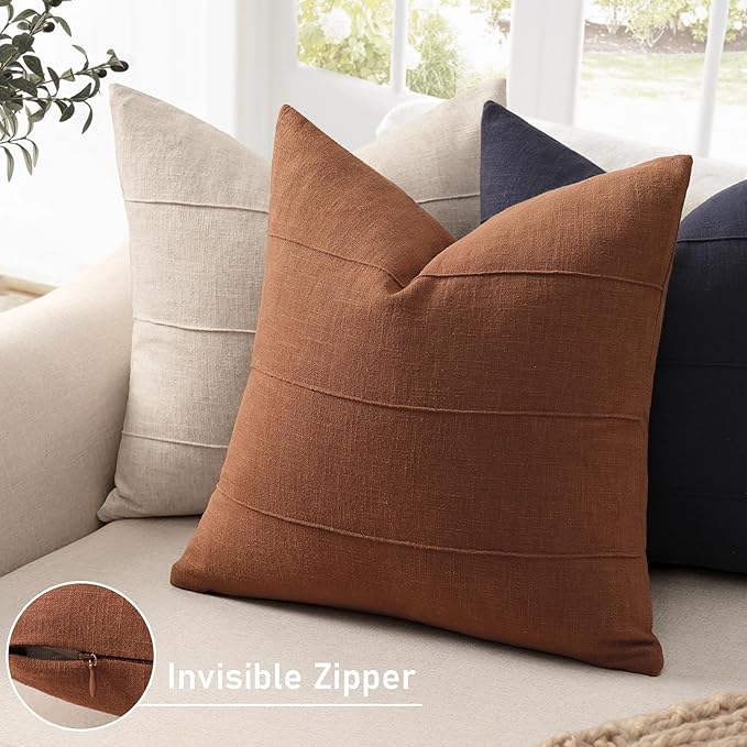 ZWJD Decorative Linen Throw Pillow Covers 22x22 Set of 2 Solid Handcrafted Striped Throw Pillows for Bed Soft Modern Farmhouse Neutral Pillowcase for Couch Bedroom Living Room Home Decor(Rust)